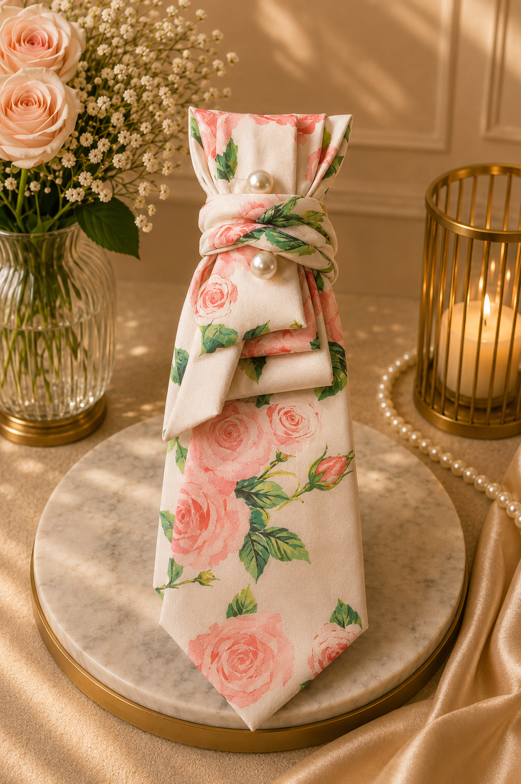 Peach and green floral necktie