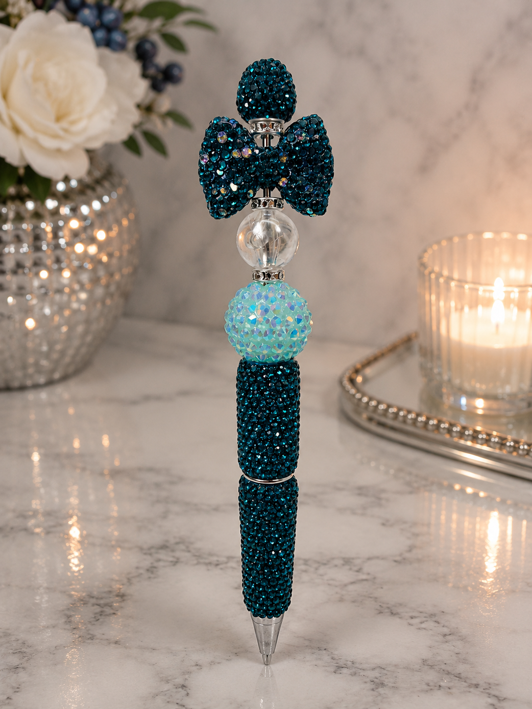 Teal pen with teal bow focal bead