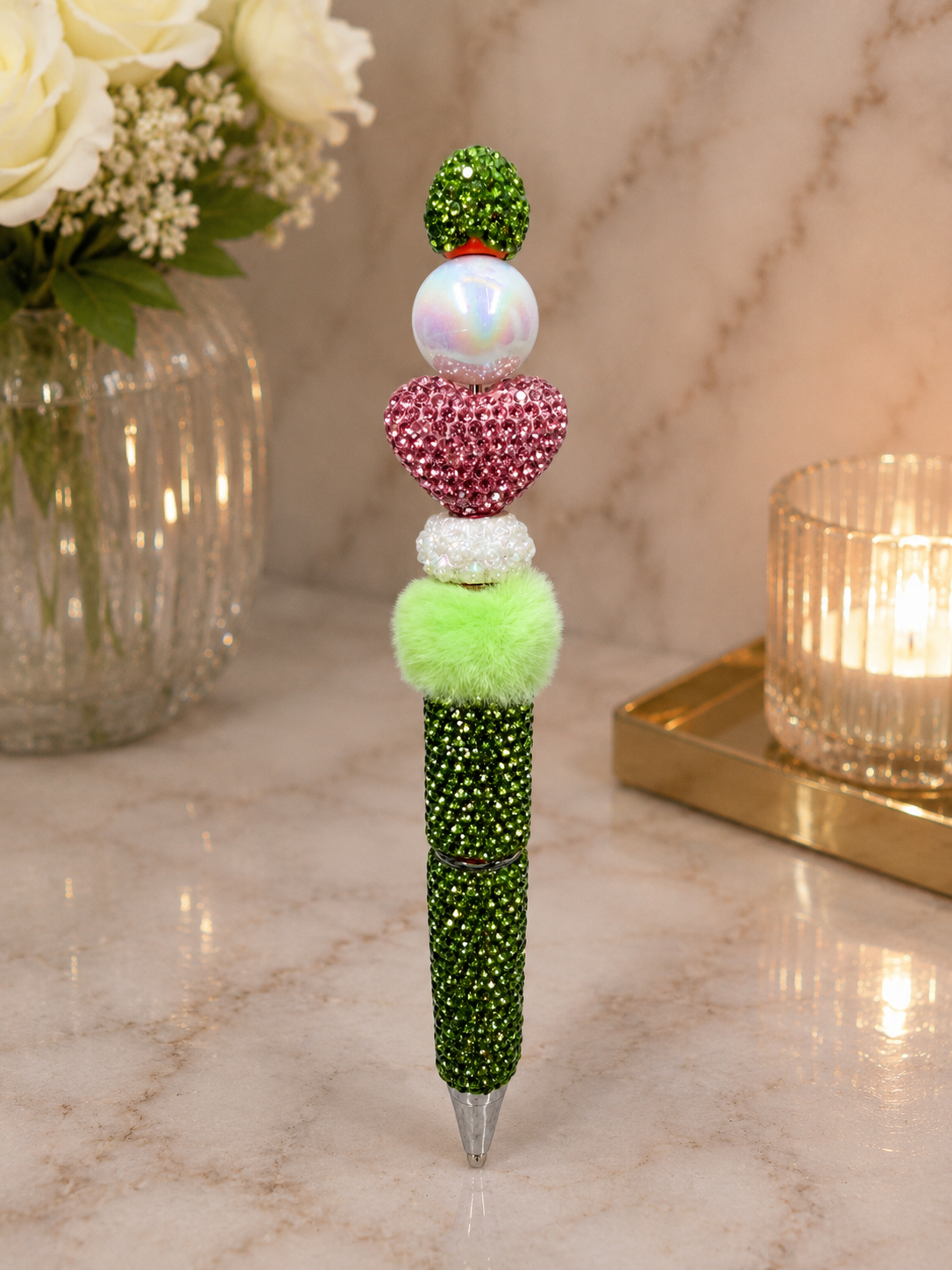 Green beaded pen with pink heart