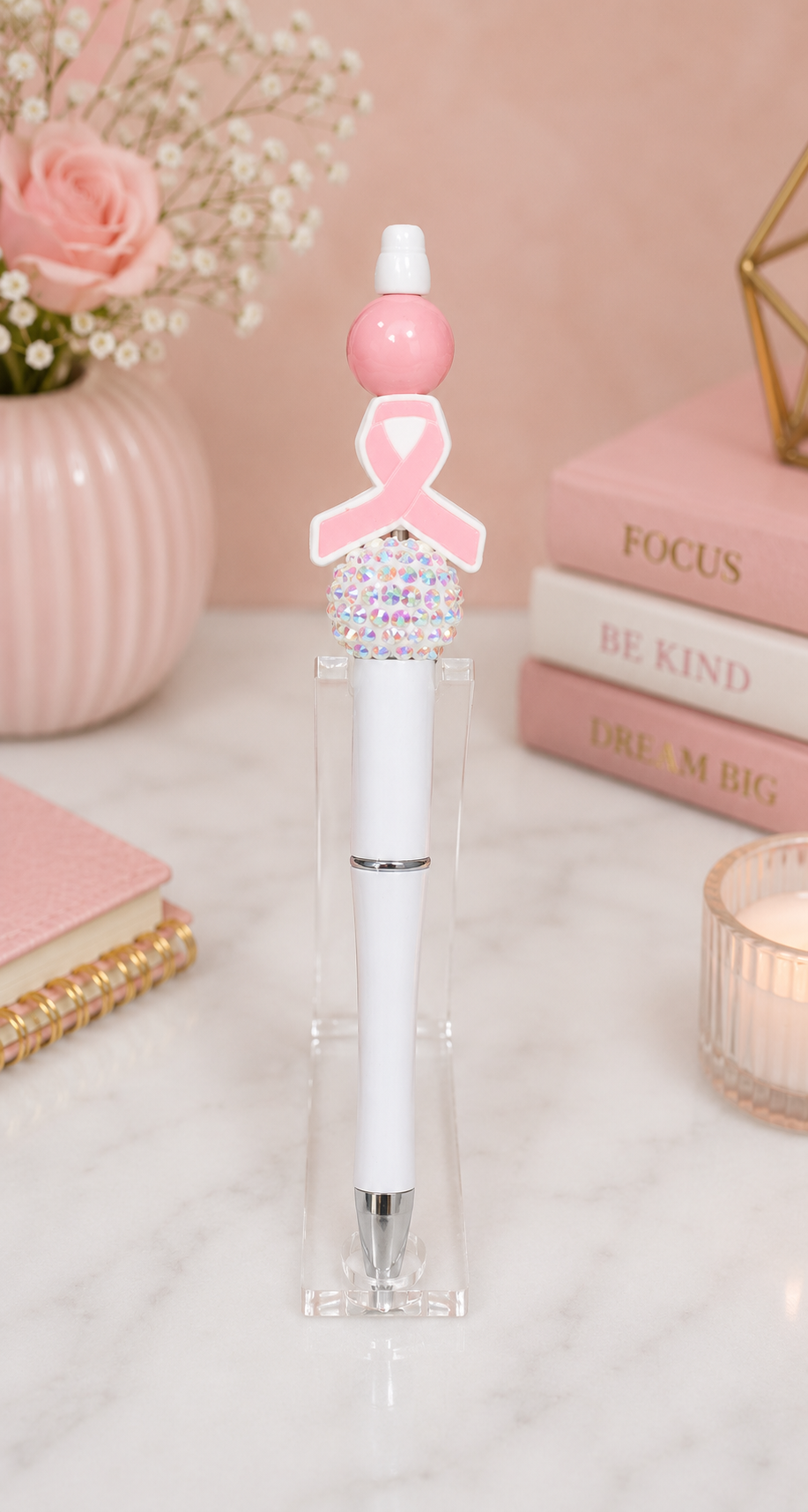 Breast Cancer Ink Pen with Chrome Bead