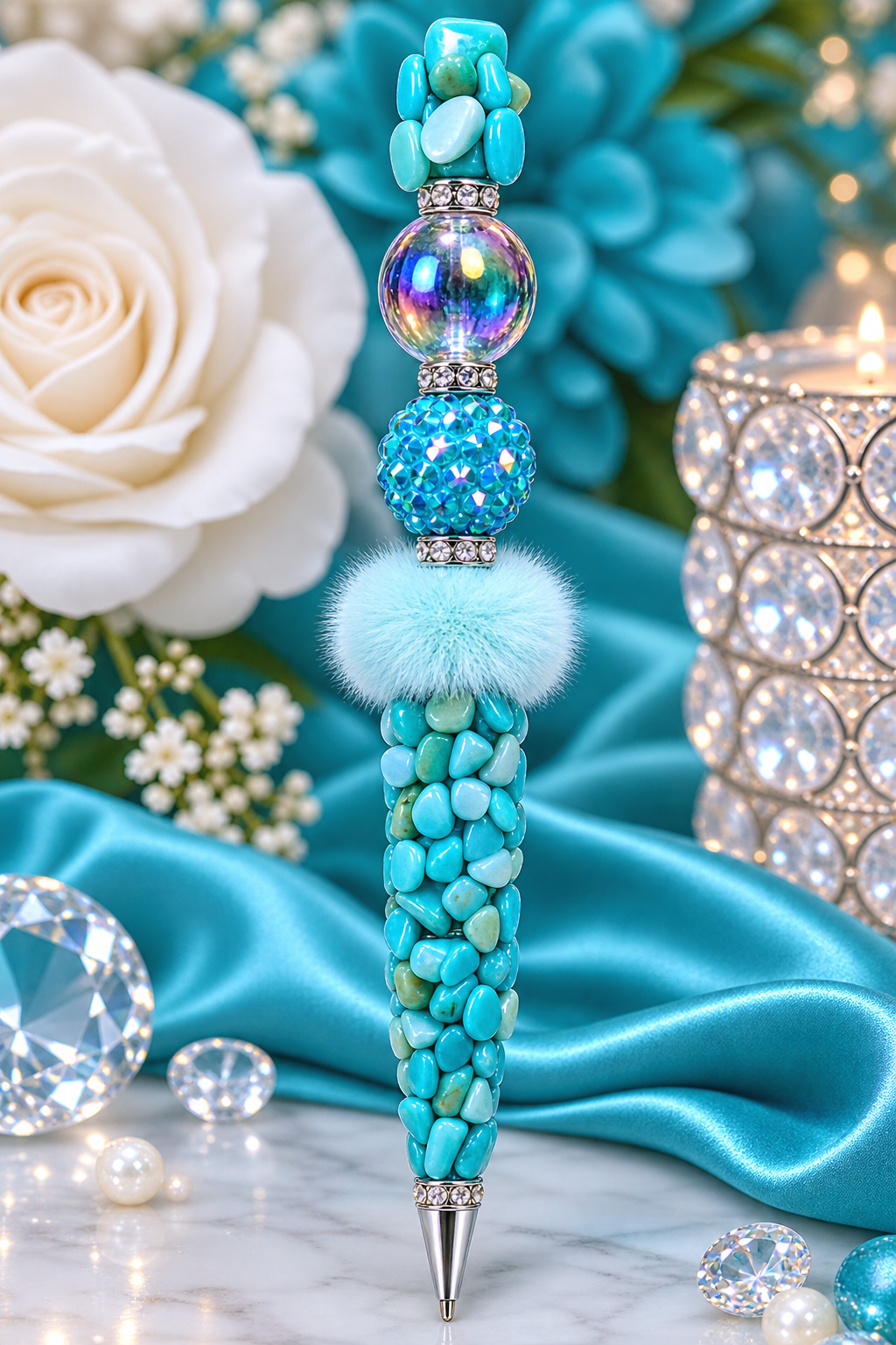 Turquoise rock pen with clear bead