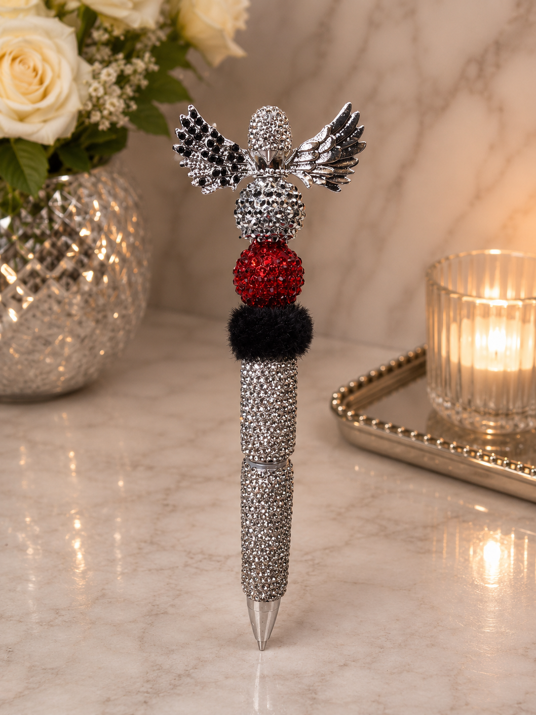 Silver beaded pen with wings