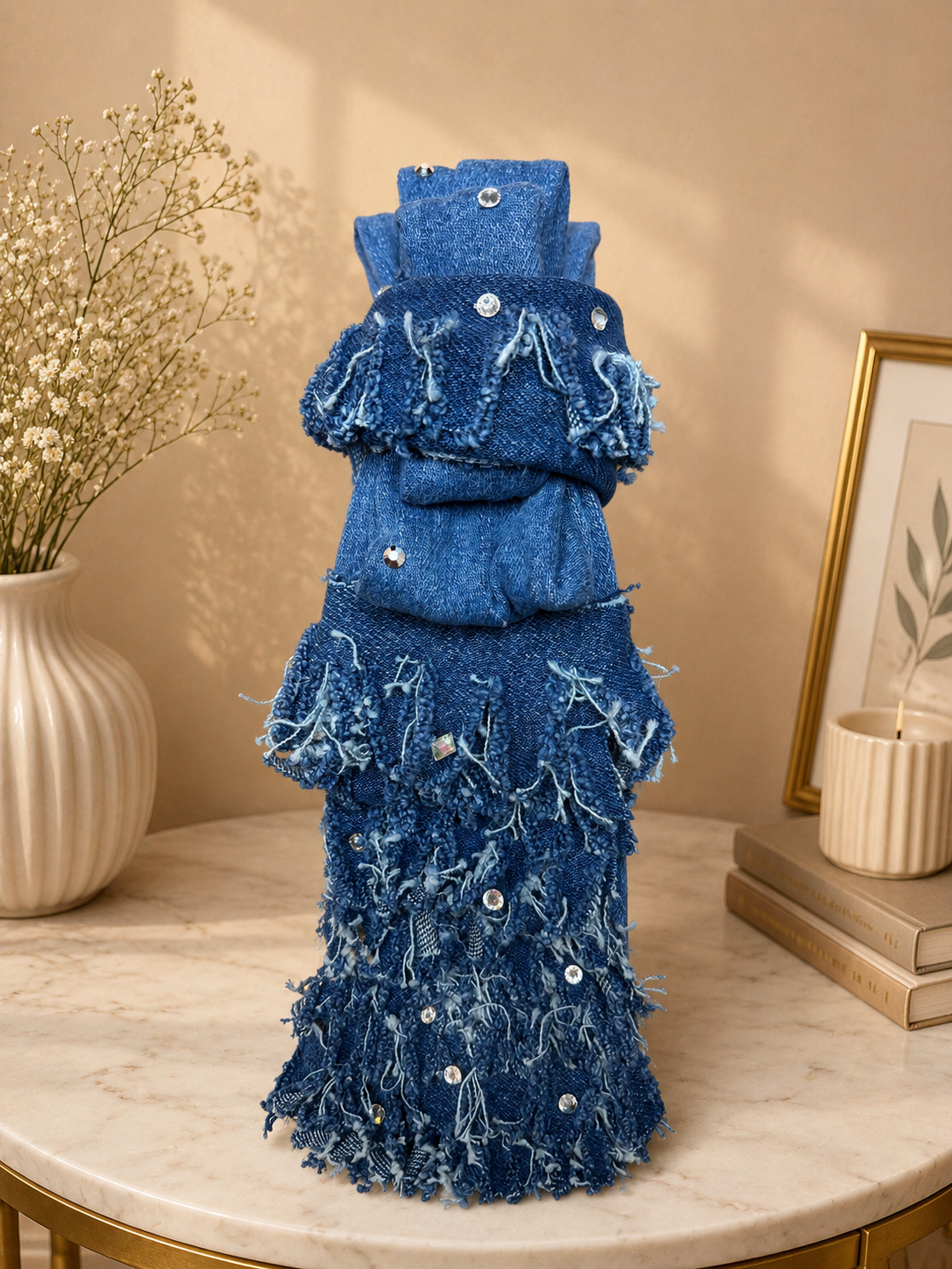Denim tie with ruffles