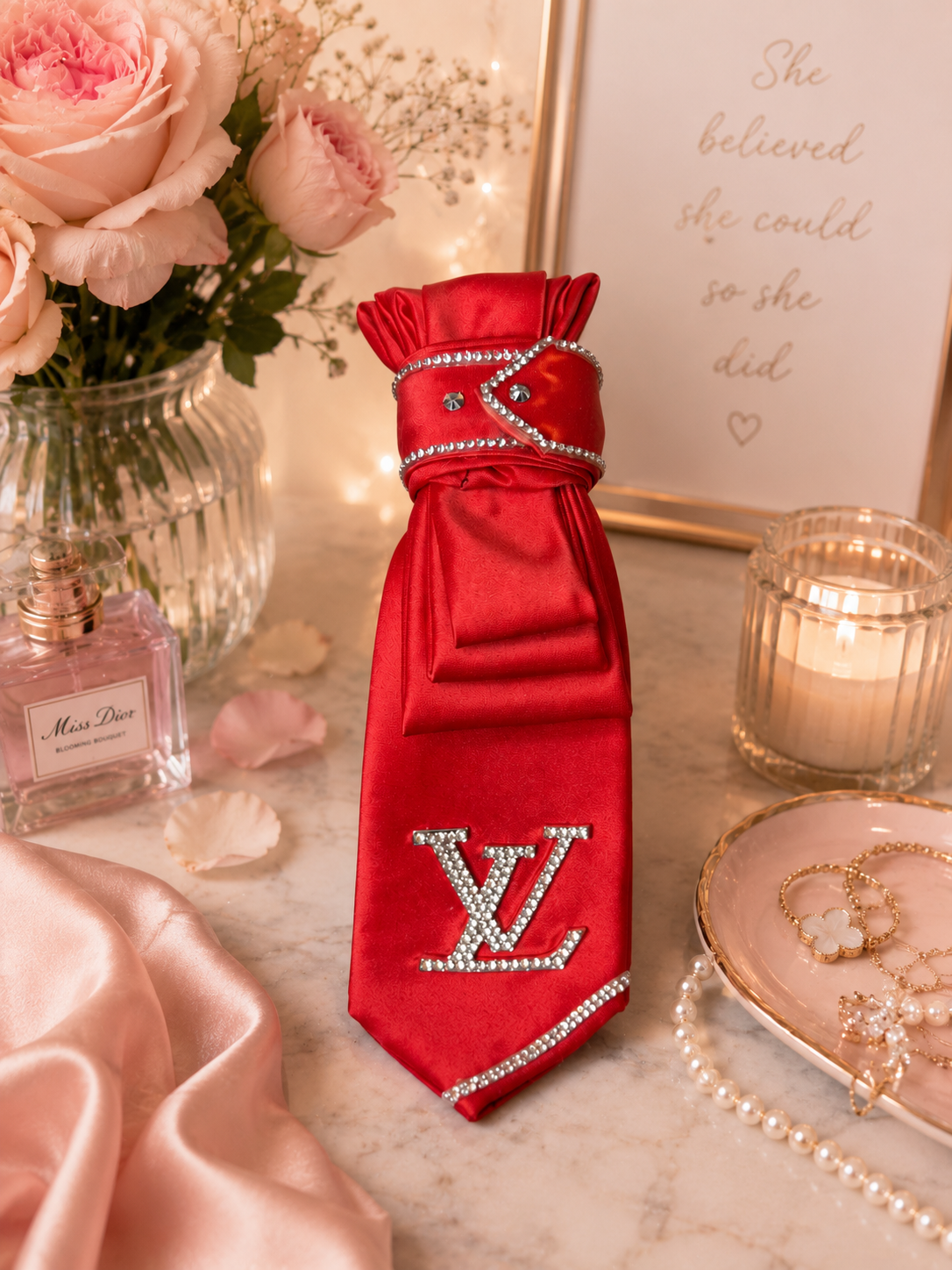 Red tie trimmed in silver with LV brooch