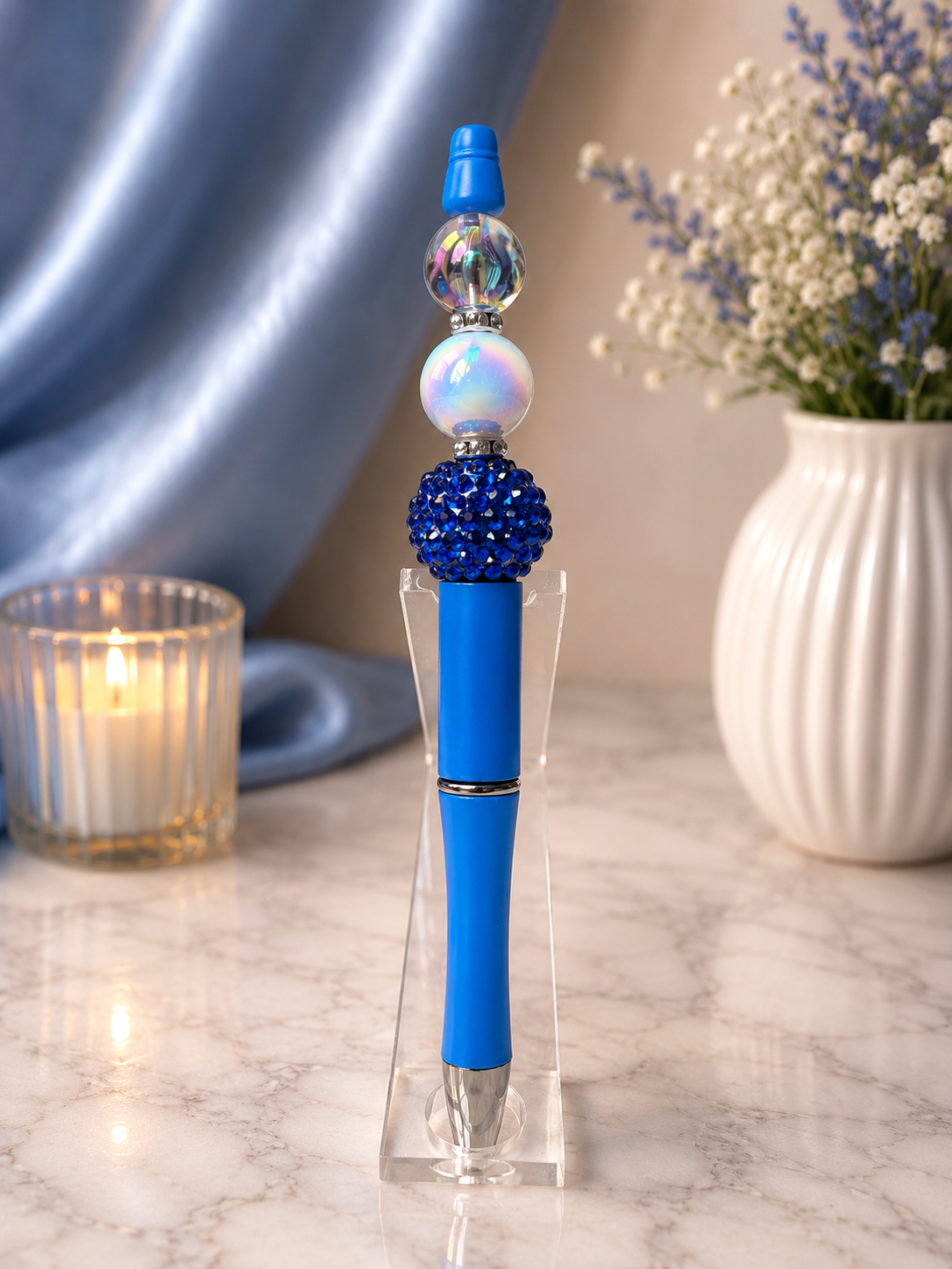 Blue ink pen with royal blue focal bead