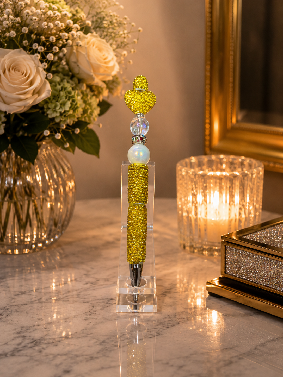 Yellow beaded pen with heart shaped bead