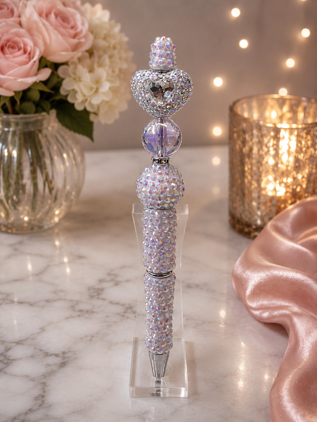 White beaded pen with white heart