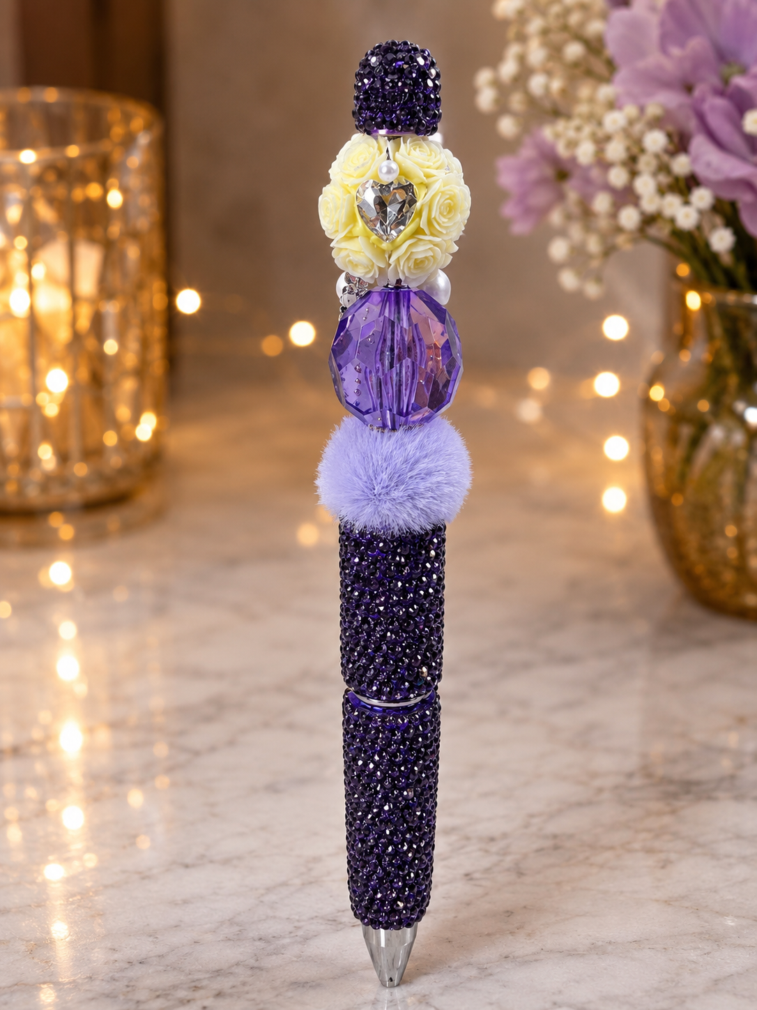 Purple beaded pen with white rose bead