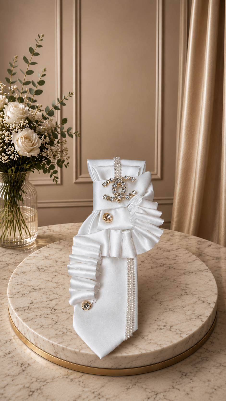 White tie with CC brooch and ruffles