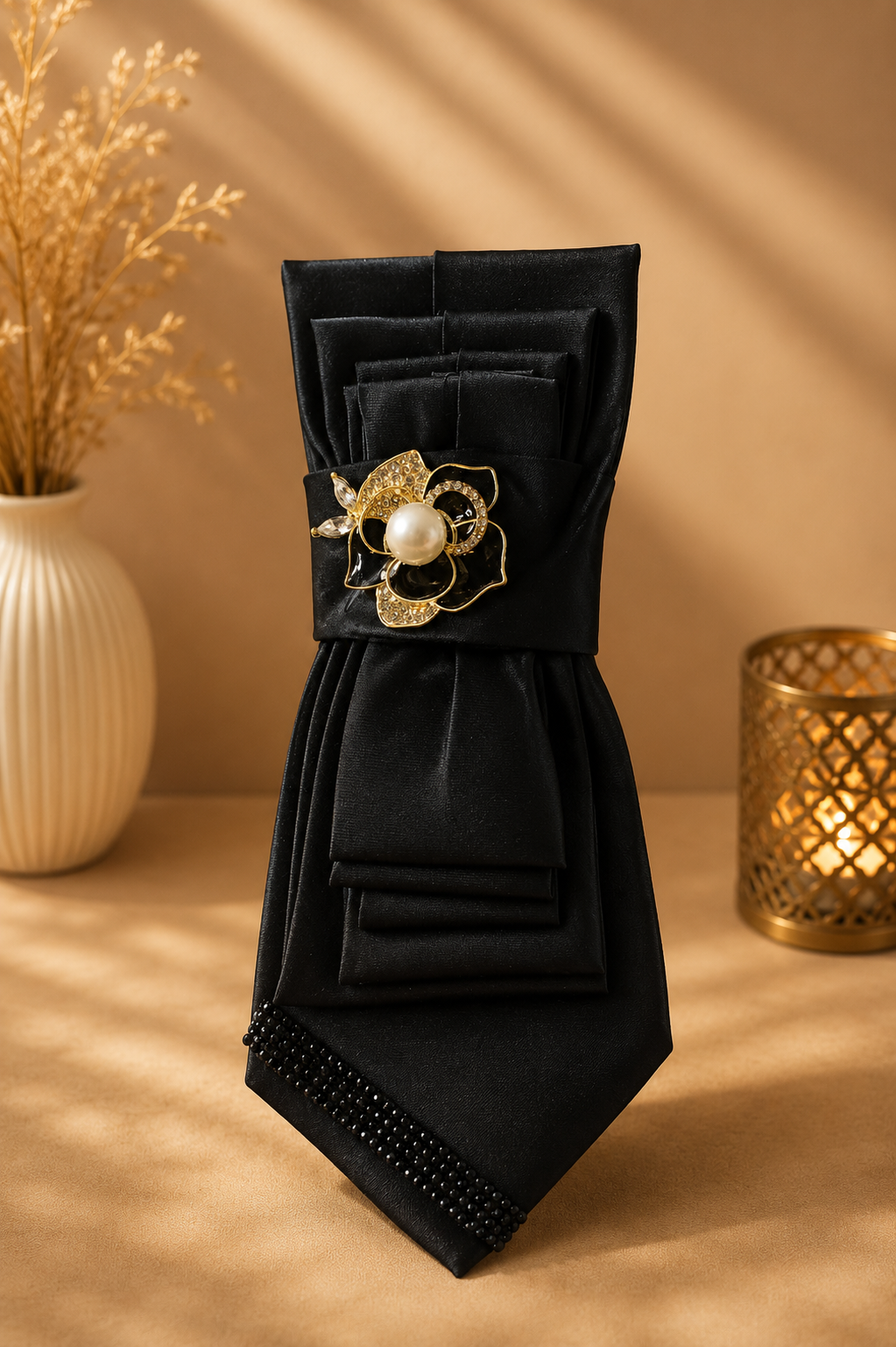 Black necktie with black and pearl brooch
