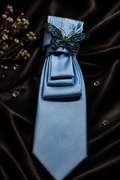 Baby Blue Necktie with Butterfly Brooch