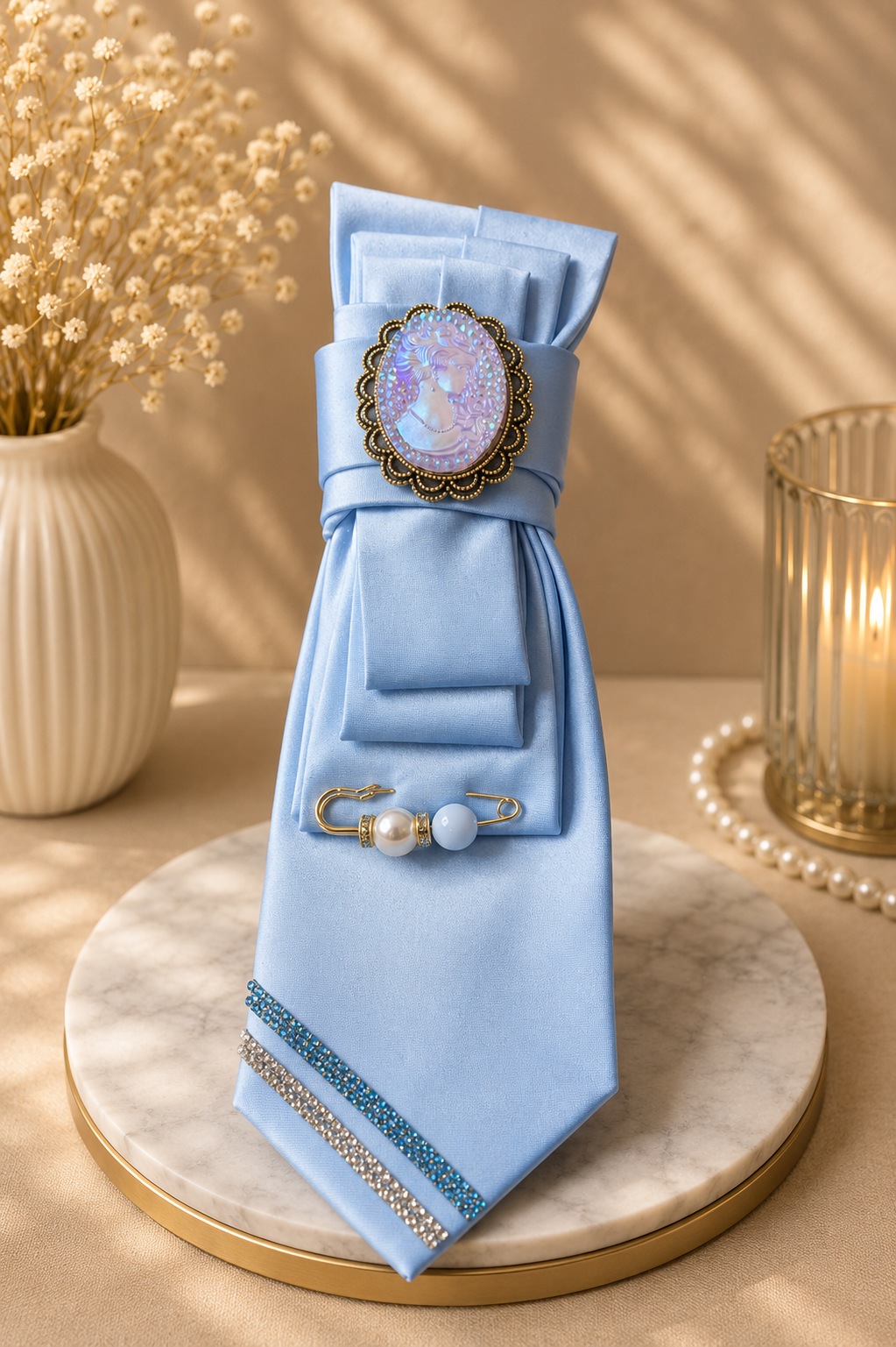 Baby Blue Necktie with brooch