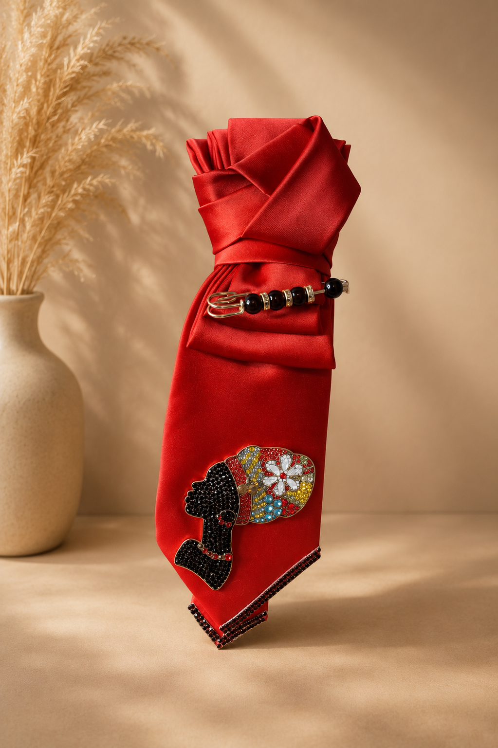 Red necktie with lady brooch