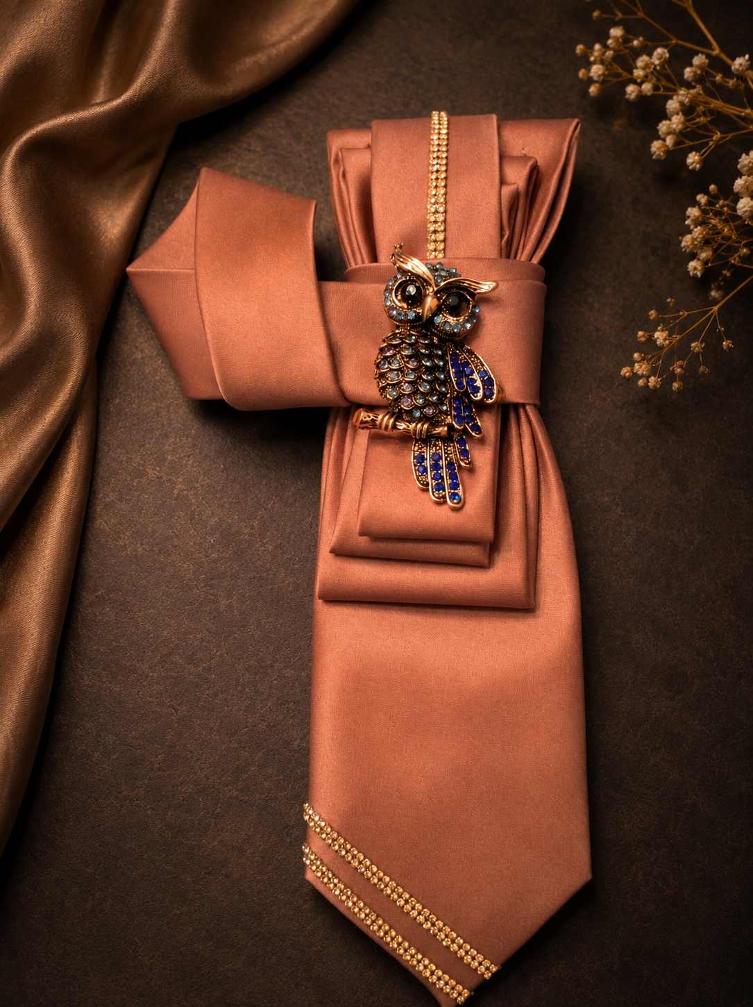 Necktie with owl brooch
