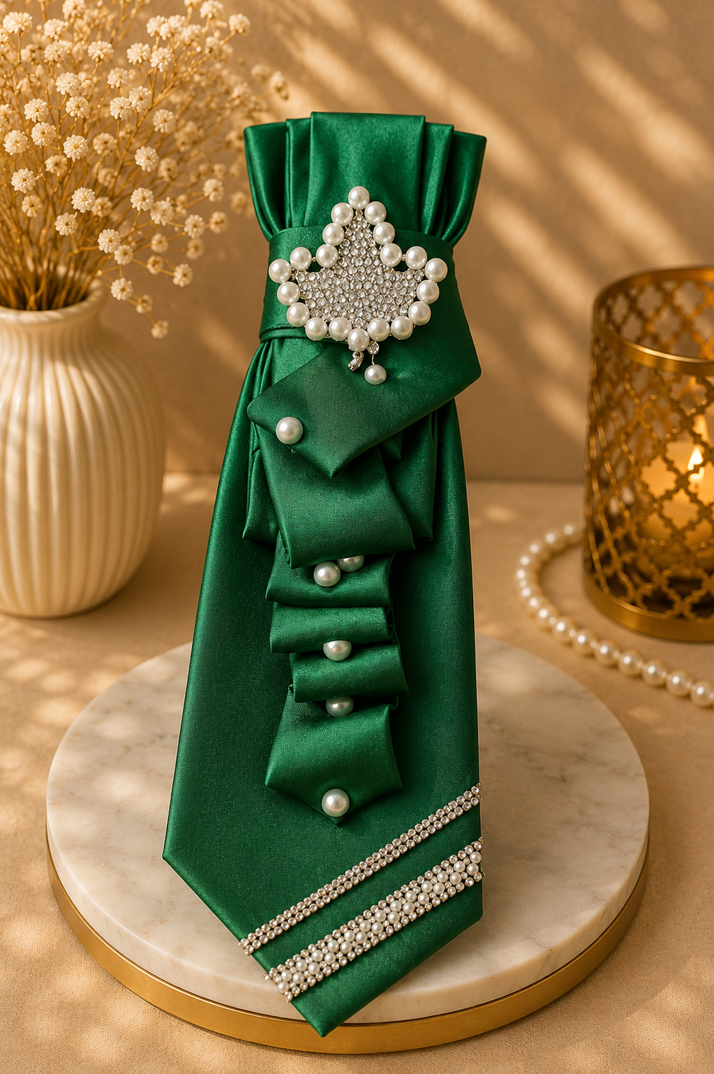 Kelly Green Necktie with Ivy leaf brooch