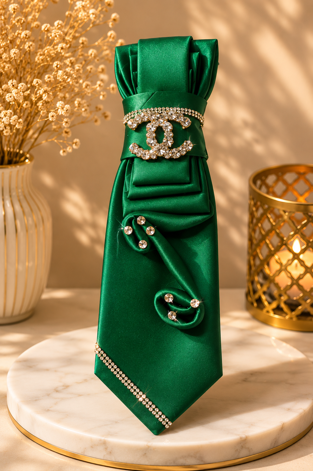 Kelly Green necktie with CC brooch