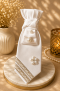All white Necktie with pearl trim