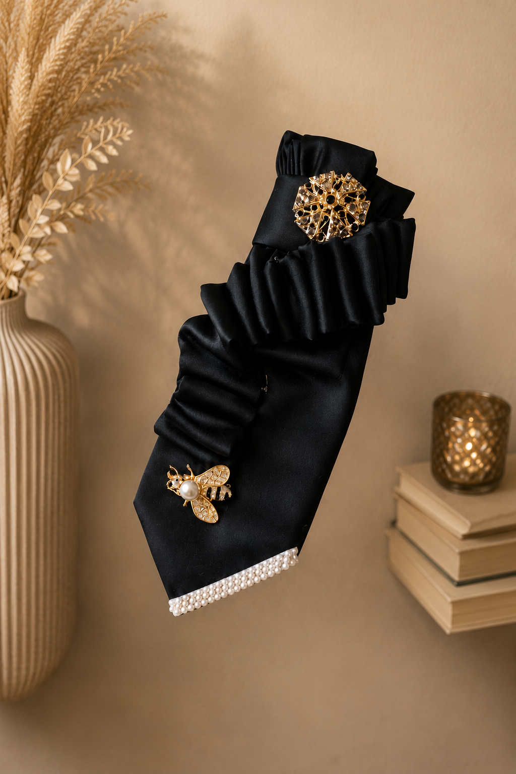 Black necktie with hornet brooch pearl trim